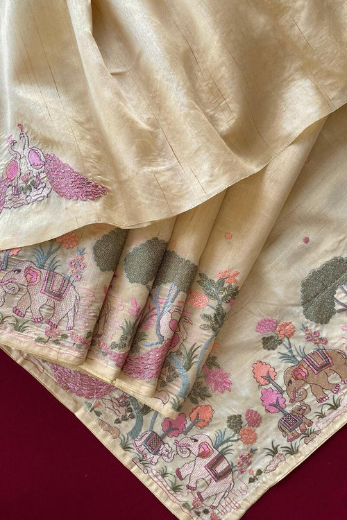 Load image into Gallery viewer, Gleaming Yellow Embroidery Work Tussar Silk Saree With Entrancing Blouse Piece
