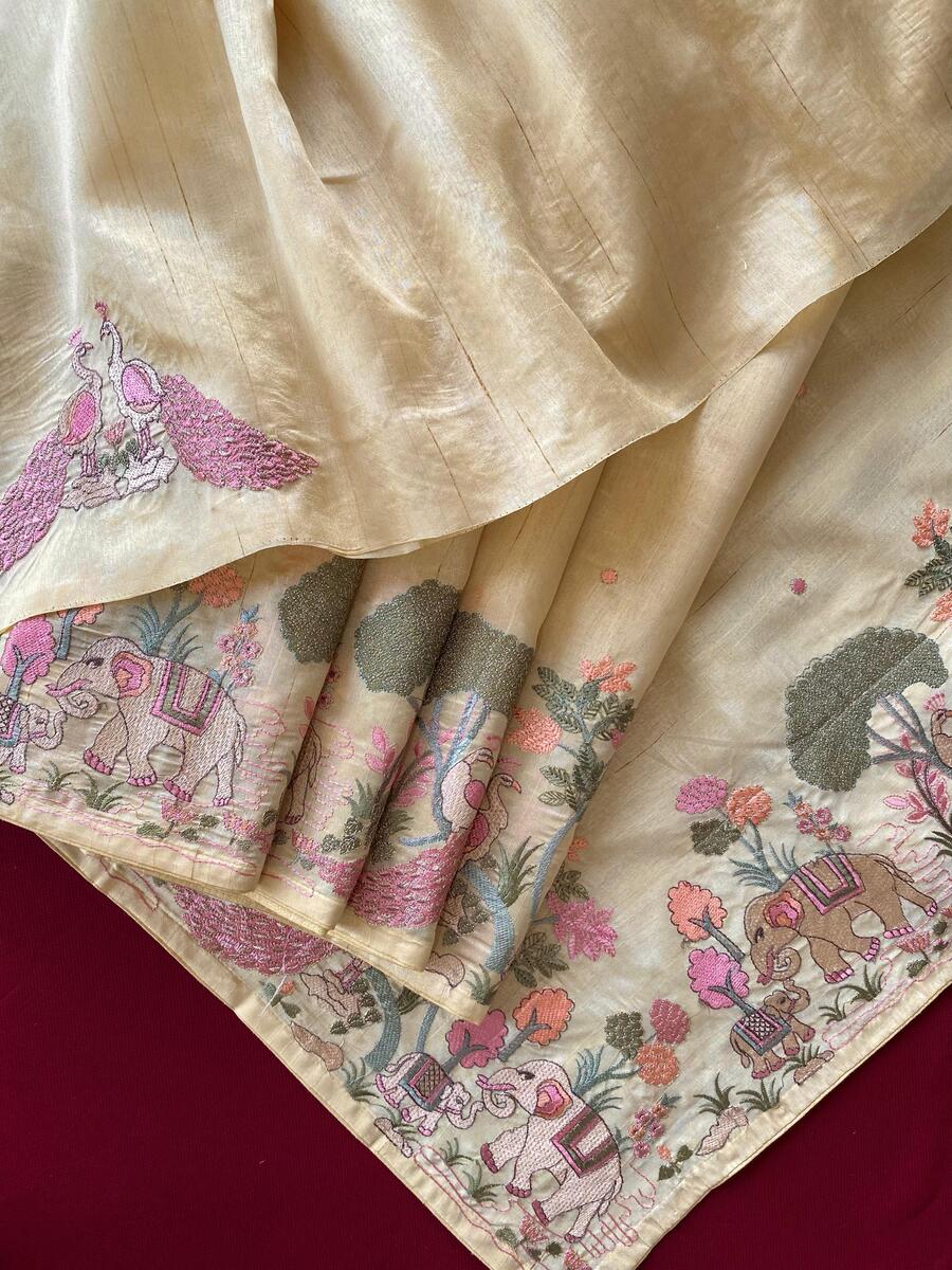 Gleaming Yellow Embroidery Work Tussar Silk Saree With Entrancing Blouse Piece