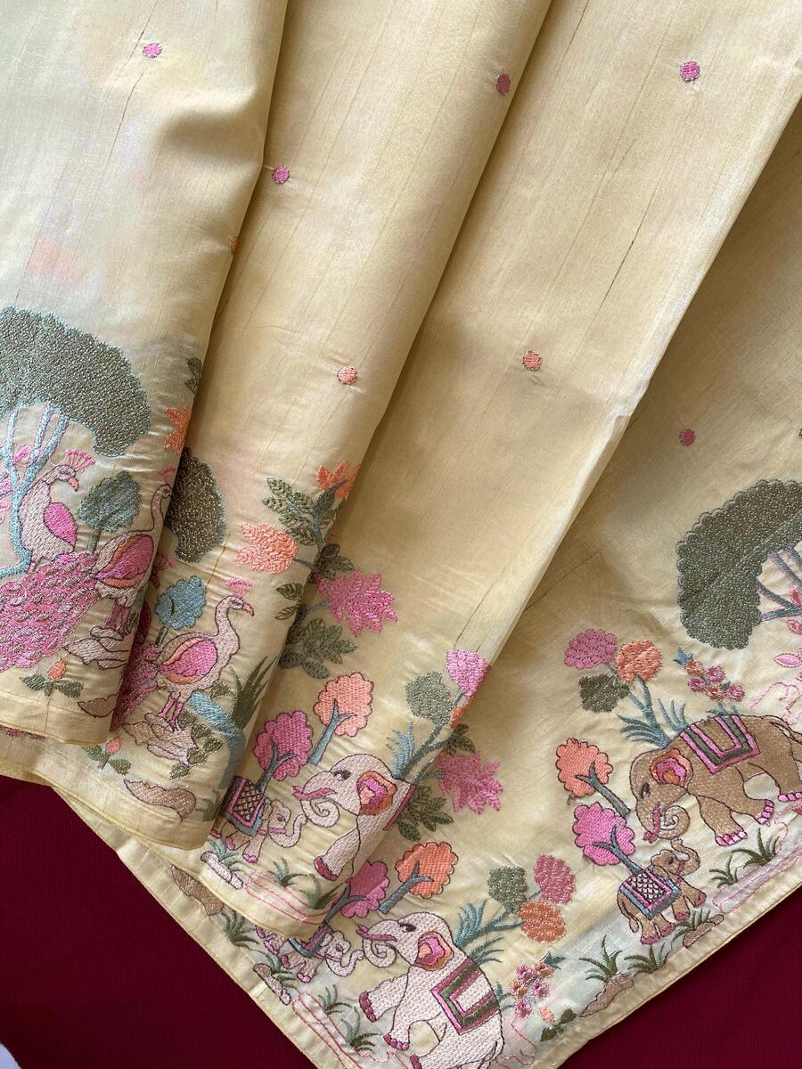 Gleaming Yellow Embroidery Work Tussar Silk Saree With Entrancing Blouse Piece