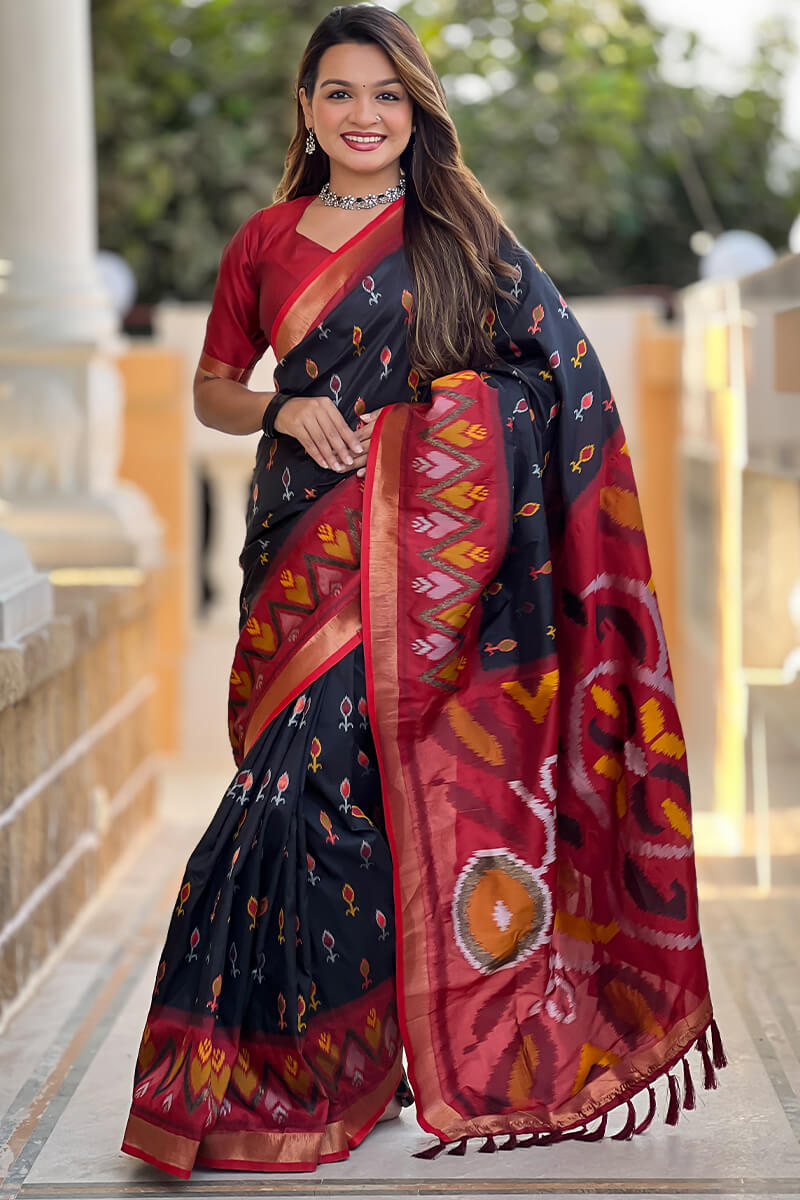 Lagniappe Black Soft Banarasi Silk Saree With Prodigal Blouse Piece