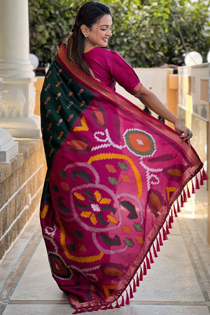 Ephemeral Dark Green Soft Banarasi Silk Saree With Elision Blouse Piece