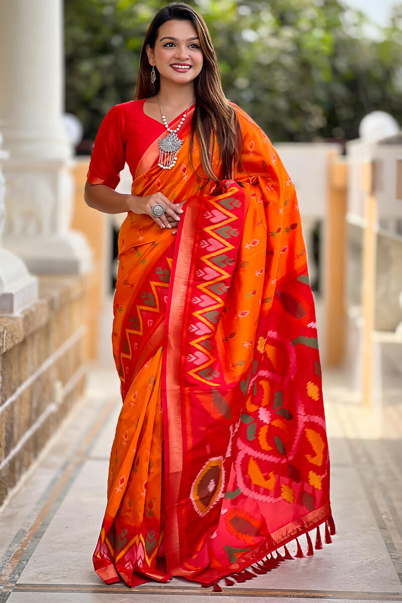 Vestigial Orange Soft Banarasi Silk Saree With Hypnotic Blouse Piece
