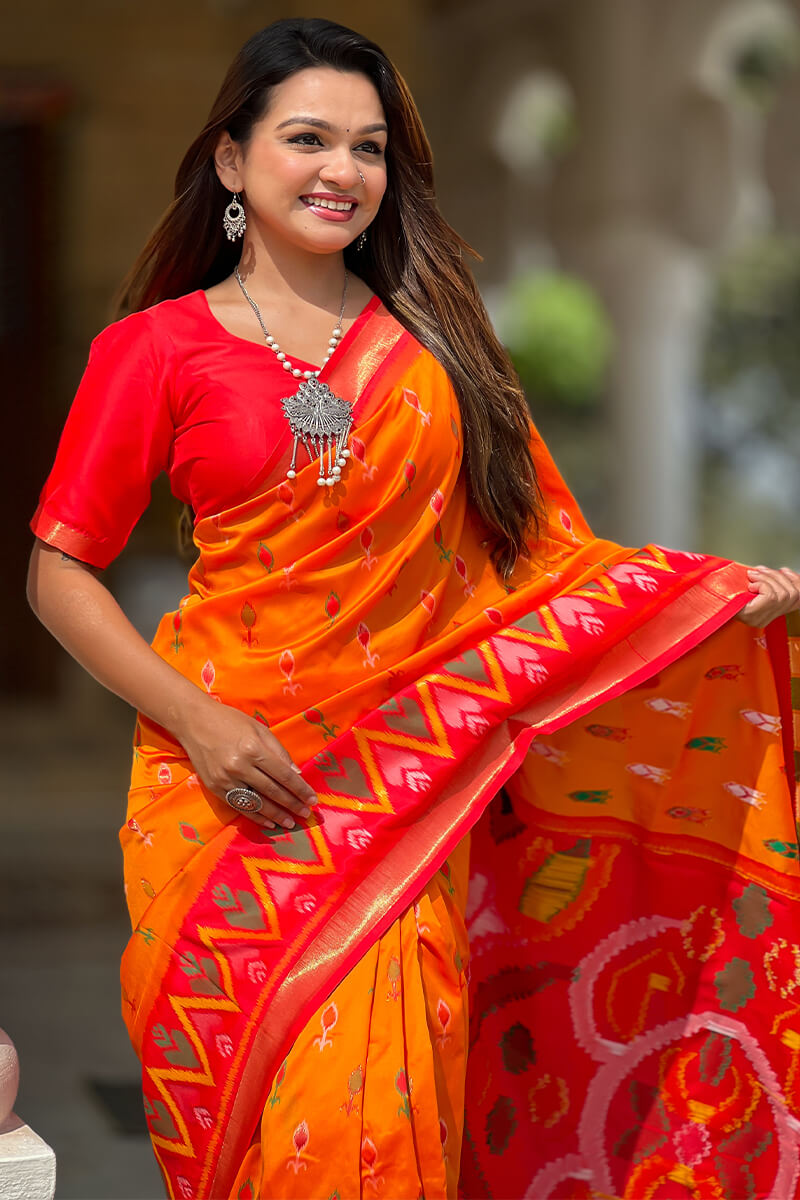 Vestigial Orange Soft Banarasi Silk Saree With Hypnotic Blouse Piece