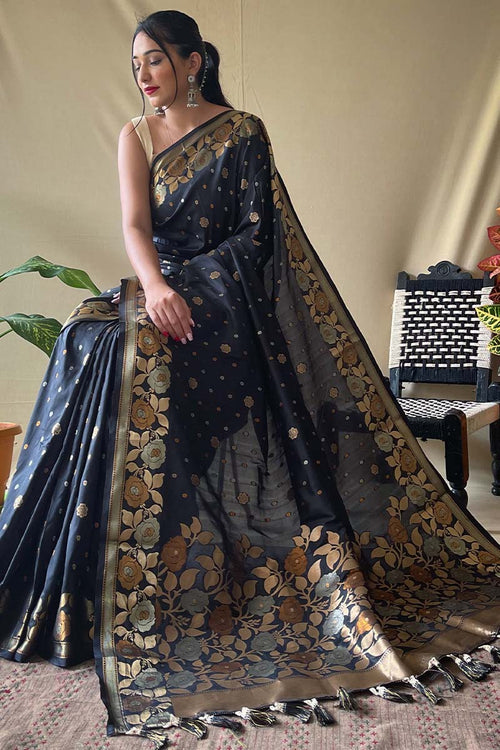 Load image into Gallery viewer, Embrocation Black Soft Banarasi Silk Saree With Lassitude Blouse Piece
