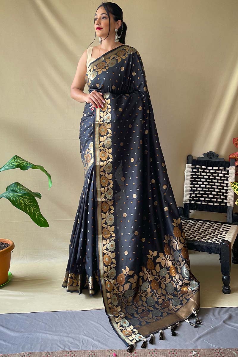 Embrocation Black Soft Banarasi Silk Saree With Lassitude Blouse Piece