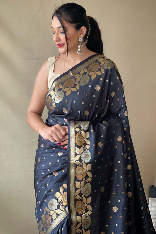 Load image into Gallery viewer, Embrocation Black Soft Banarasi Silk Saree With Lassitude Blouse Piece
