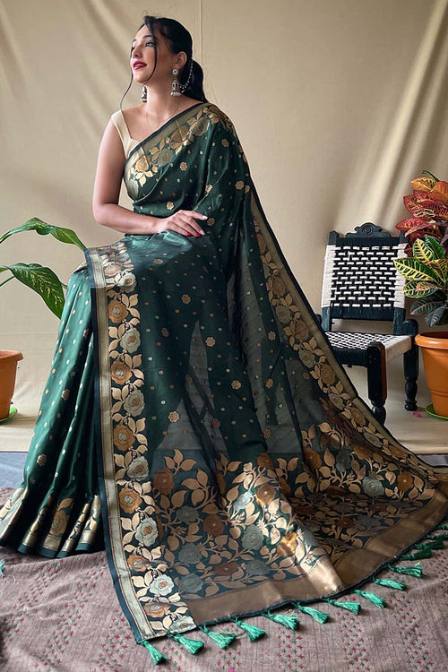 Load image into Gallery viewer, Nemesis Dark Green Soft Banarasi Silk Saree With Quintessential Blouse Piece
