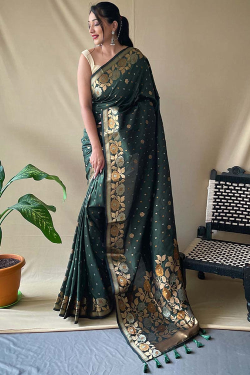 Load image into Gallery viewer, Nemesis Dark Green Soft Banarasi Silk Saree With Quintessential Blouse Piece
