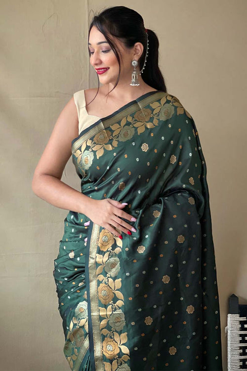 Load image into Gallery viewer, Nemesis Dark Green Soft Banarasi Silk Saree With Quintessential Blouse Piece
