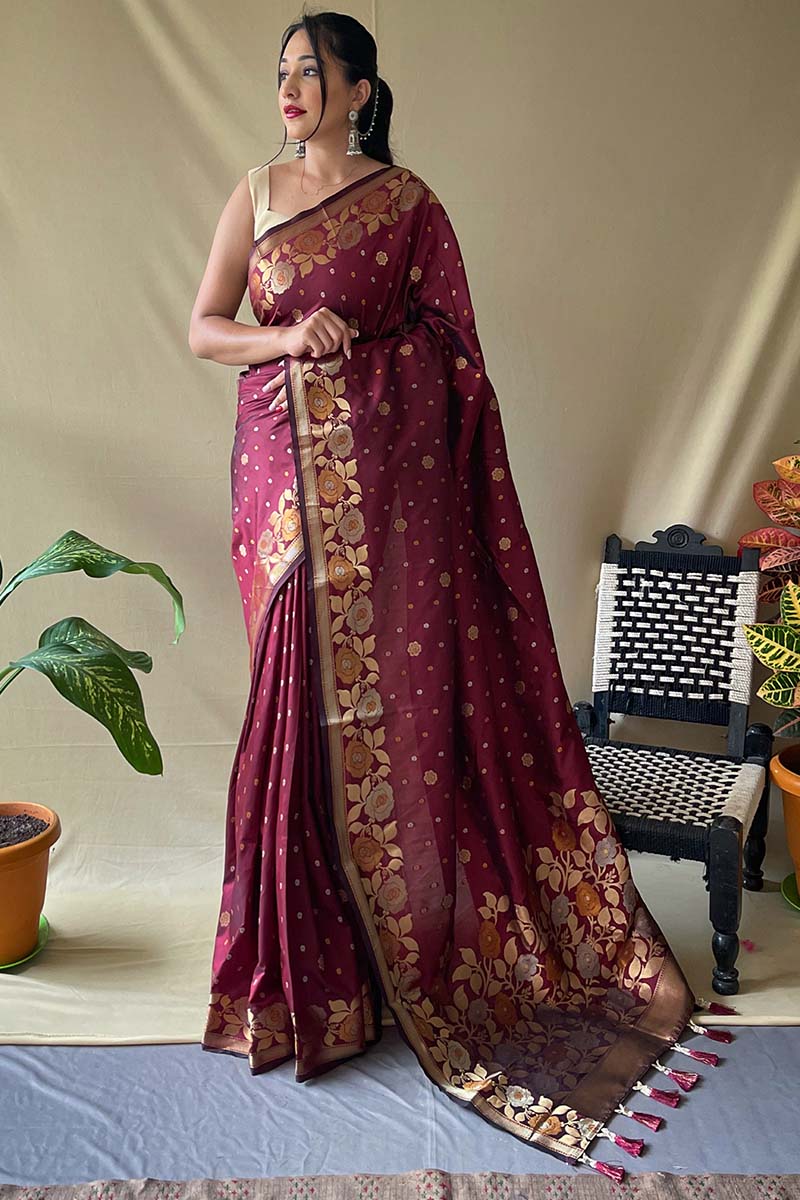 Serendipity Maroon Soft Banarasi Silk Saree With Woebegone Blouse Piece