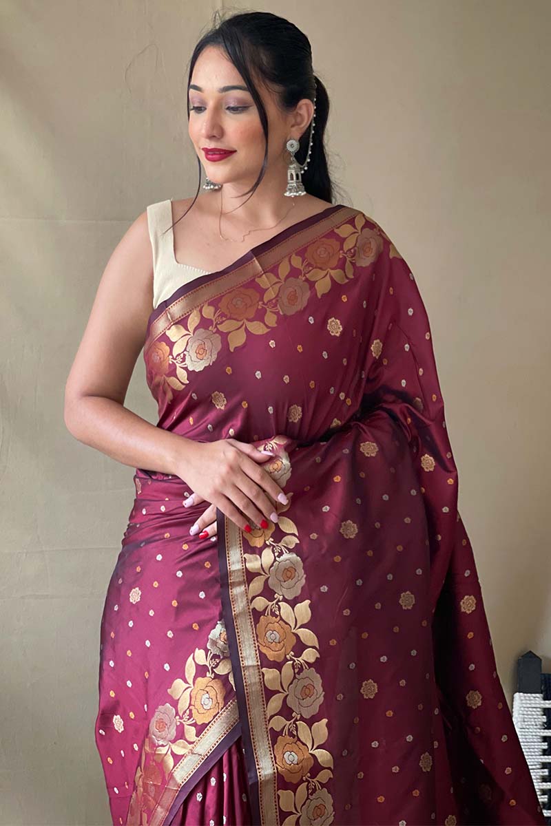 Serendipity Maroon Soft Banarasi Silk Saree With Woebegone Blouse Piece