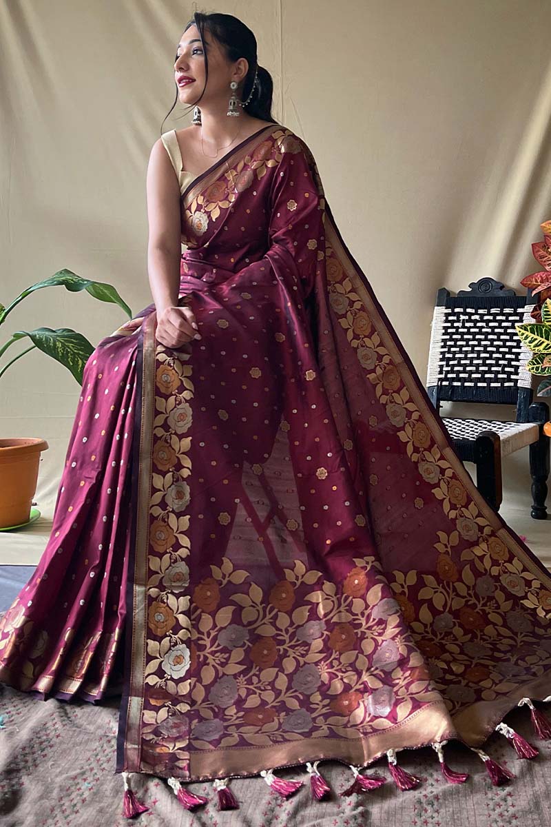 Serendipity Maroon Soft Banarasi Silk Saree With Woebegone Blouse Piece