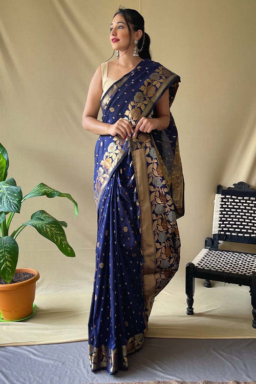 Load image into Gallery viewer, Magnetic Navy Blue Soft Banarasi Silk Saree With Incredible Blouse Piece
