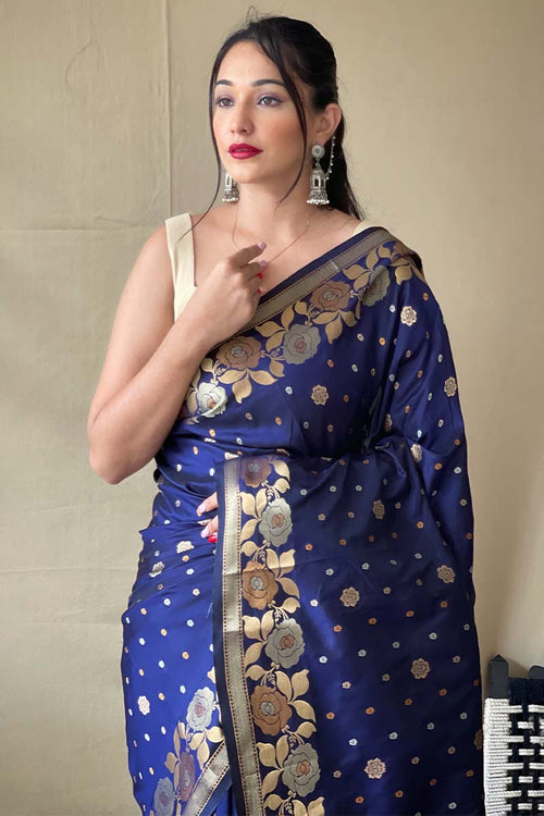 Load image into Gallery viewer, Magnetic Navy Blue Soft Banarasi Silk Saree With Incredible Blouse Piece
