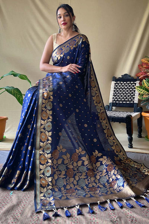 Load image into Gallery viewer, Magnetic Navy Blue Soft Banarasi Silk Saree With Incredible Blouse Piece
