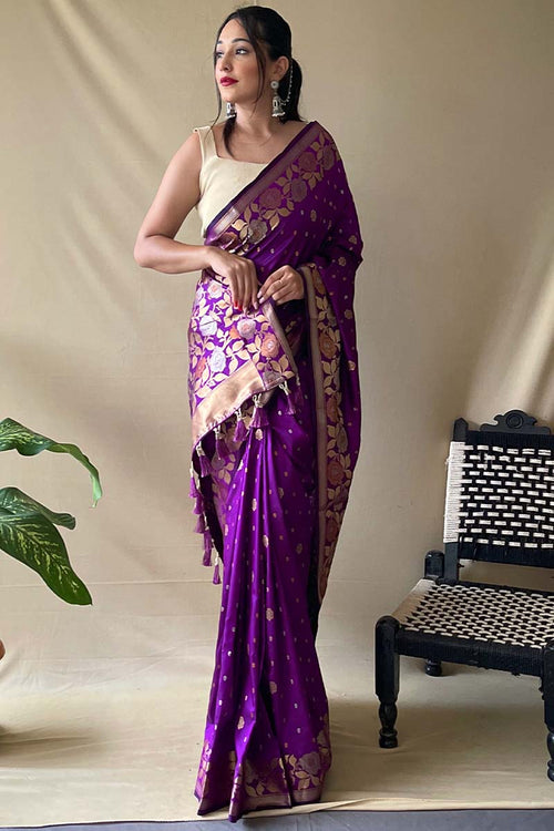 Load image into Gallery viewer, Enchanting Purple Soft Banarasi Silk Saree With Snappy Blouse Piece
