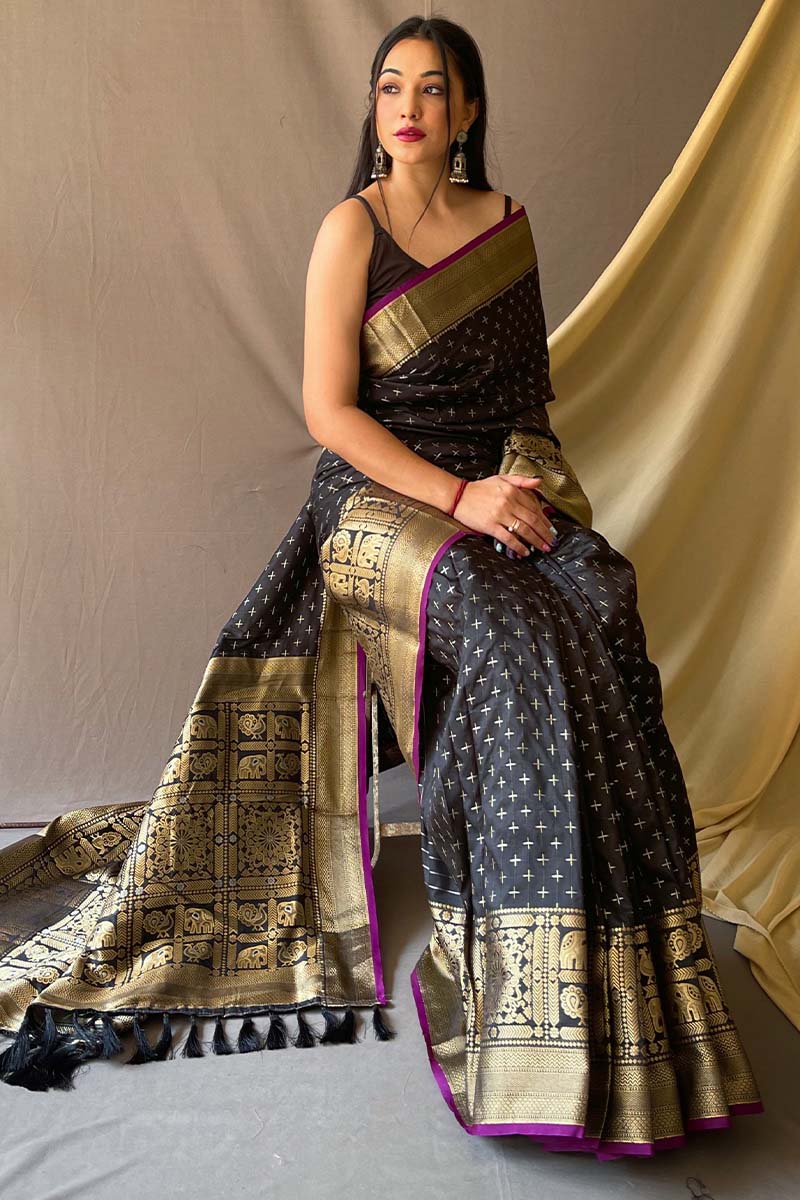 Fantabulous Black Soft Banarasi Silk Saree With Splendiferous Blouse Piece