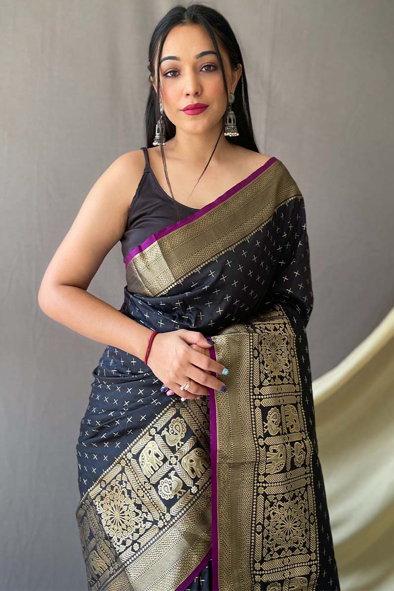 Fantabulous Black Soft Banarasi Silk Saree With Splendiferous Blouse Piece