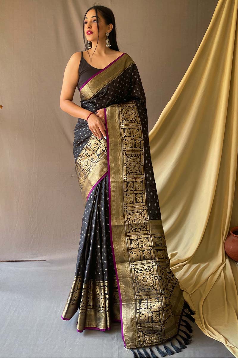 Fantabulous Black Soft Banarasi Silk Saree With Splendiferous Blouse Piece