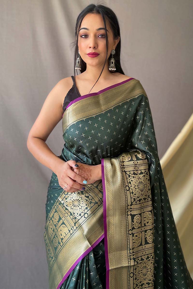 Surreptitious Dark Green Soft Banarasi Silk Saree With Scintilla Blouse Piece