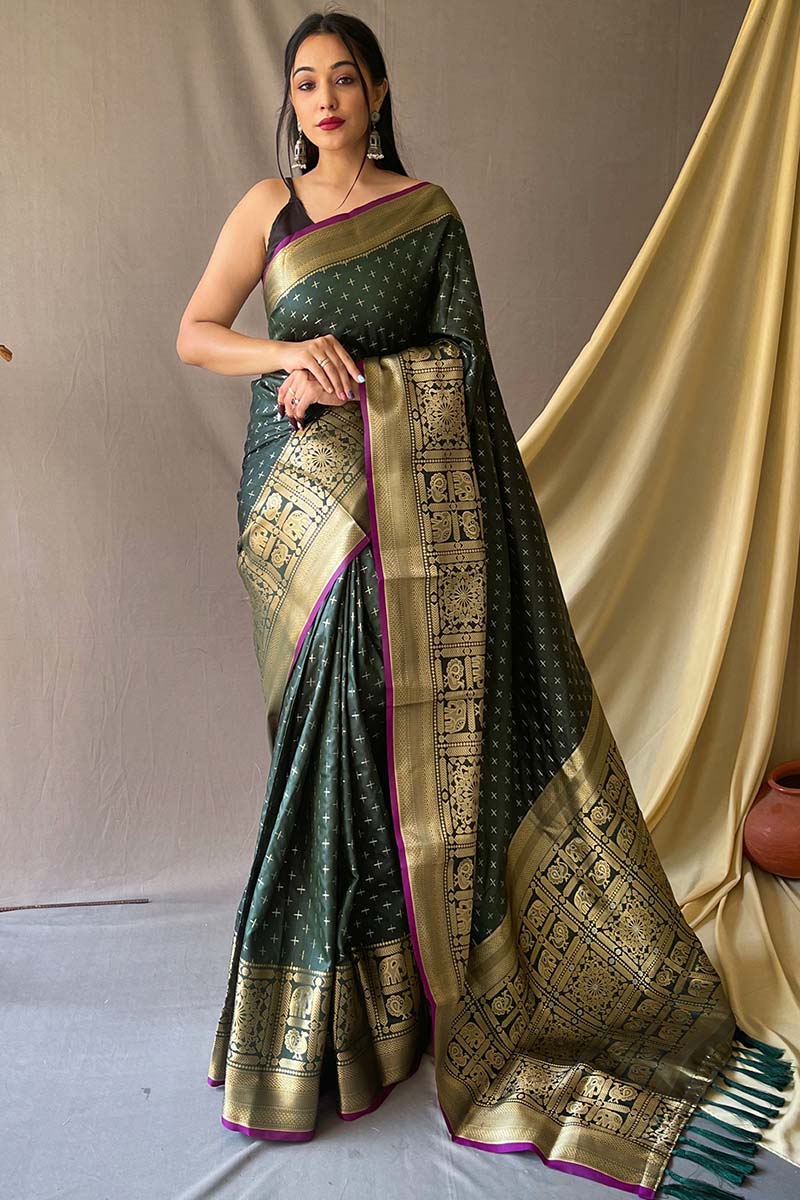 Surreptitious Dark Green Soft Banarasi Silk Saree With Scintilla Blouse Piece