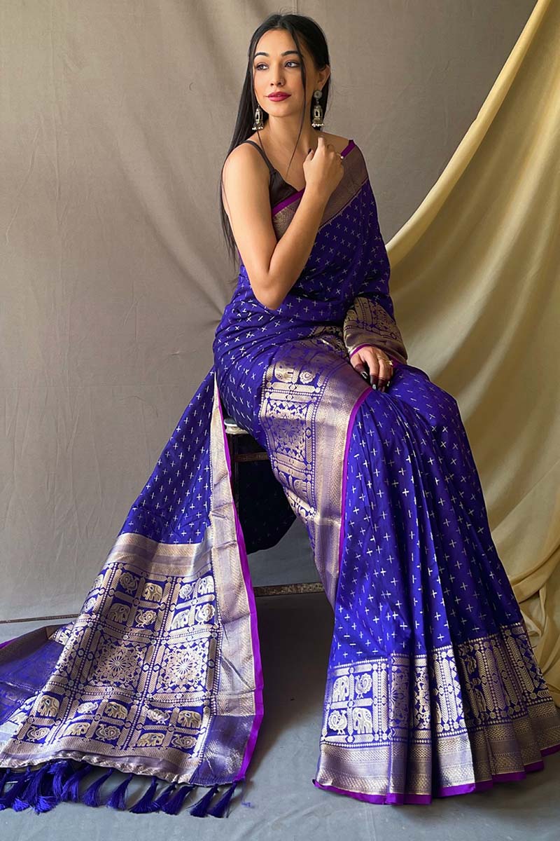 Desirable Royal Blue Soft Banarasi Silk Saree With Preferable Blouse Piece