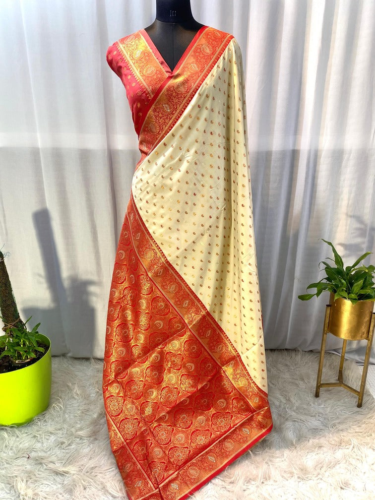 Pretty Beige Soft Banarasi Silk Saree With Sophisticated Blouse Piece