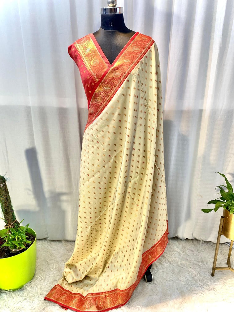 Pretty Beige Soft Banarasi Silk Saree With Sophisticated Blouse Piece