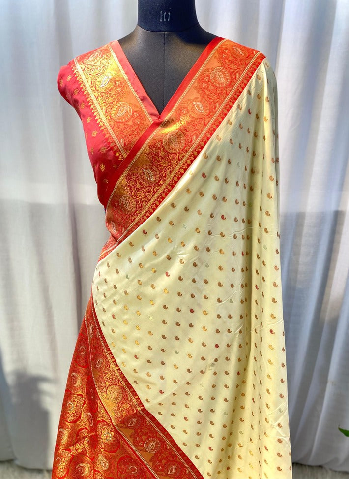 Pretty Beige Soft Banarasi Silk Saree With Sophisticated Blouse Piece