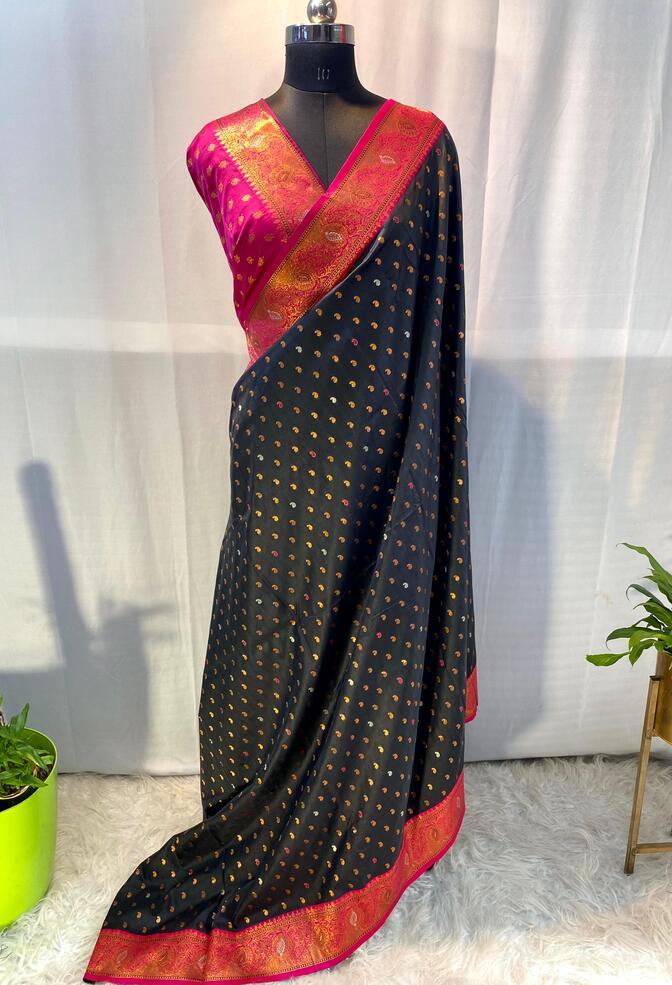 Flaunt Black Soft Banarasi Silk Saree With Capricious Blouse Piece