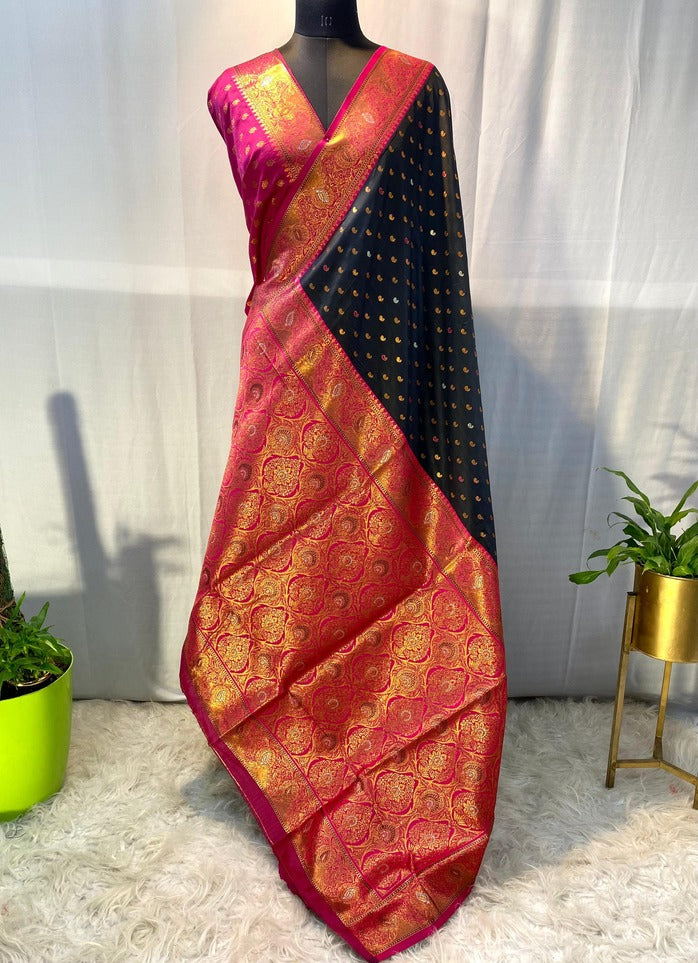 Flaunt Black Soft Banarasi Silk Saree With Capricious Blouse Piece