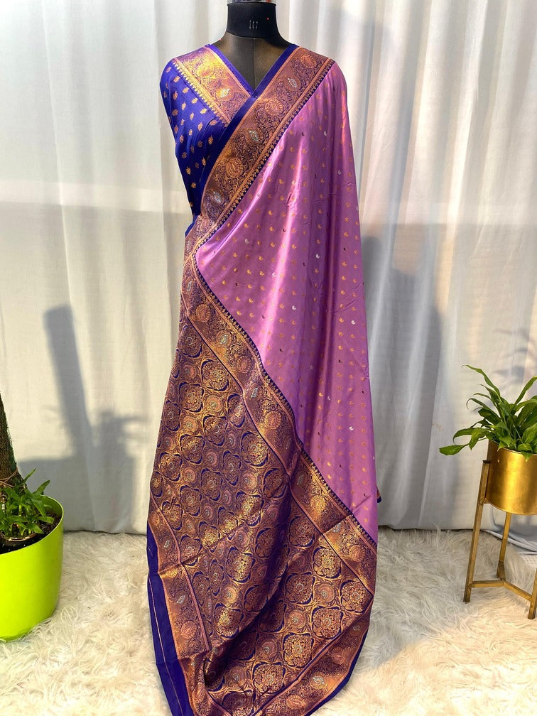 Radiant Lavender Soft Banarasi Silk Saree With Flamboyant Blouse Piece