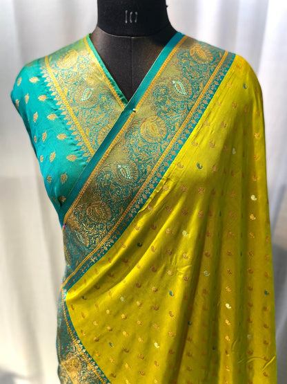Fairytale Mustard Soft Banarasi Silk Saree With Enticing Blouse Piece