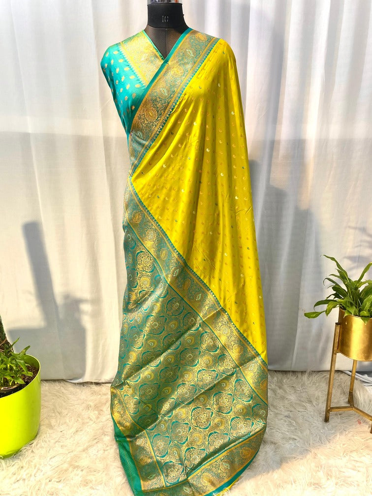 Fairytale Mustard Soft Banarasi Silk Saree With Enticing Blouse Piece