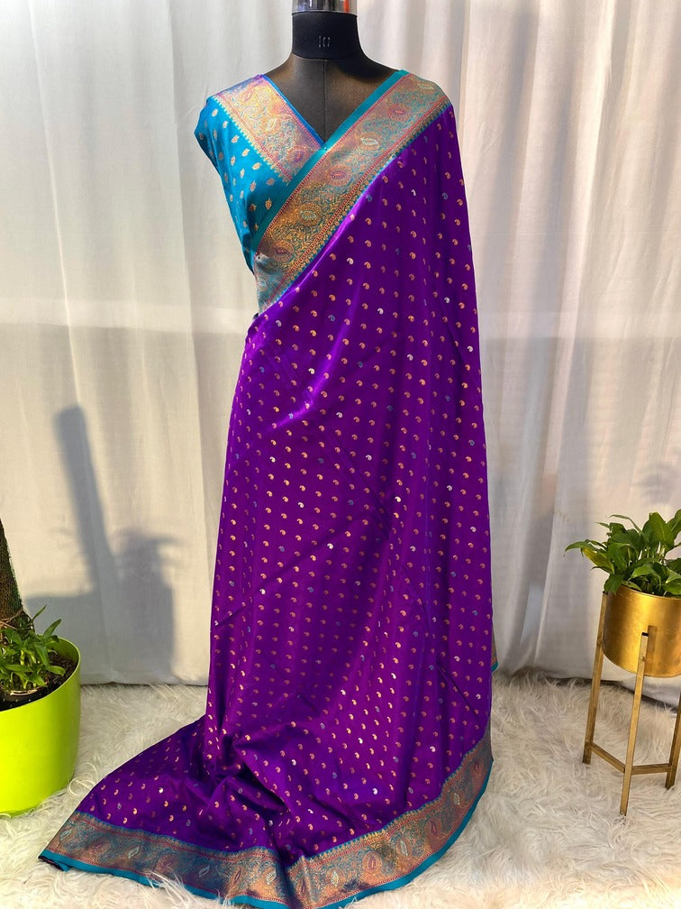 Bucolic Purple Soft Banarasi Silk Saree With Eloquence Blouse Piece