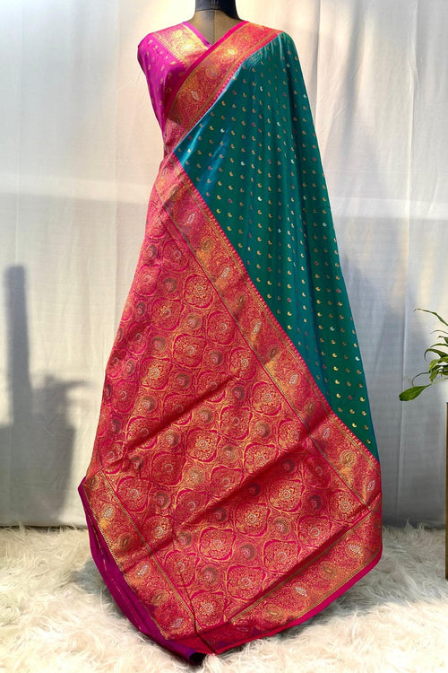 Load image into Gallery viewer, Evanescent Rama Soft Banarasi Silk Saree With Petrichor Blouse Piece
