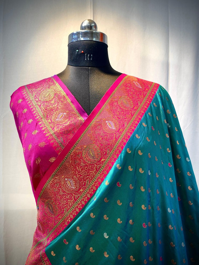 Evanescent Rama Soft Banarasi Silk Saree With Petrichor Blouse Piece