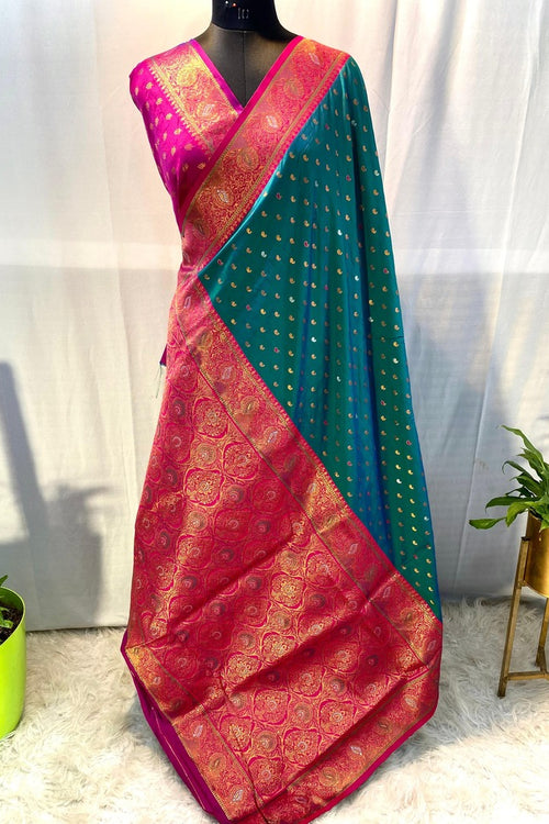 Load image into Gallery viewer, Evanescent Rama Soft Banarasi Silk Saree With Petrichor Blouse Piece
