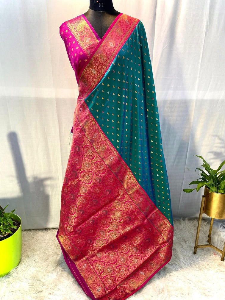 Evanescent Rama Soft Banarasi Silk Saree With Petrichor Blouse Piece