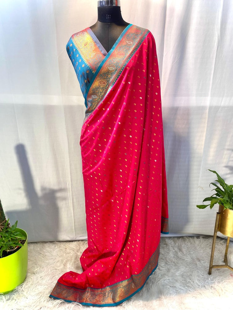 Susurrous Red Soft Banarasi Silk Saree With Confounding Blouse Piece