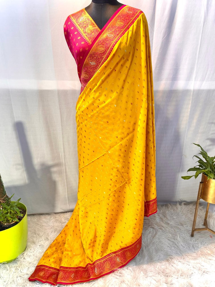 Ornate Yellow Soft Banarasi Silk Saree With Exemplary Blouse Piece