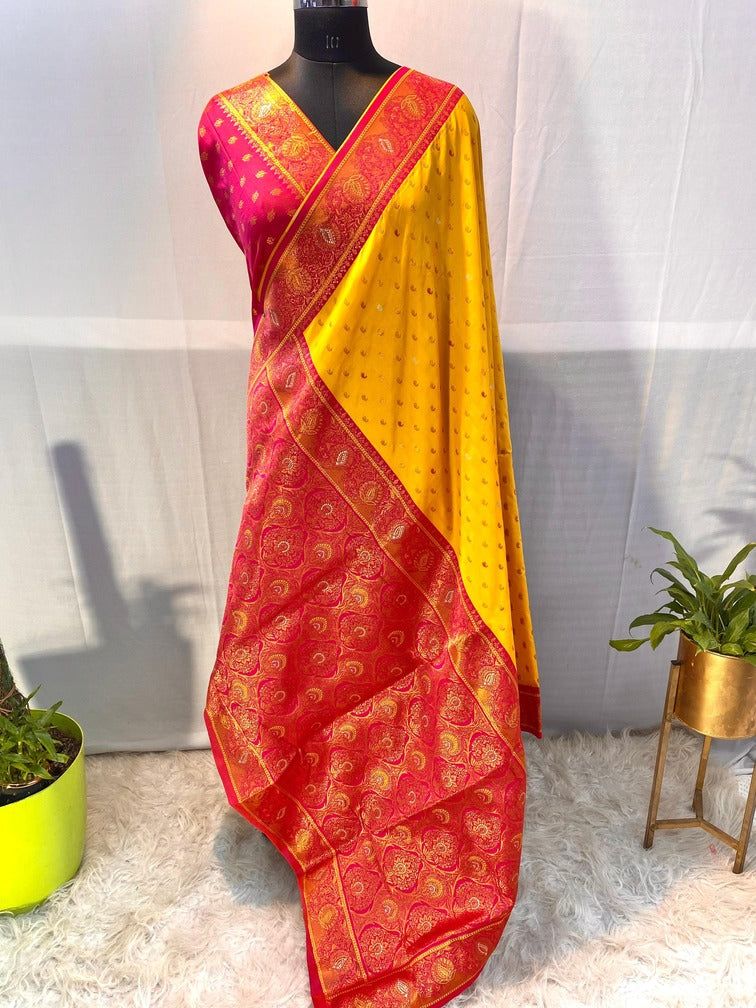 Ornate Yellow Soft Banarasi Silk Saree With Exemplary Blouse Piece