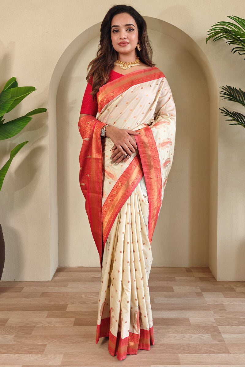 Excellent Beige Soft Banarasi Silk Saree With Demesne Blouse Piece