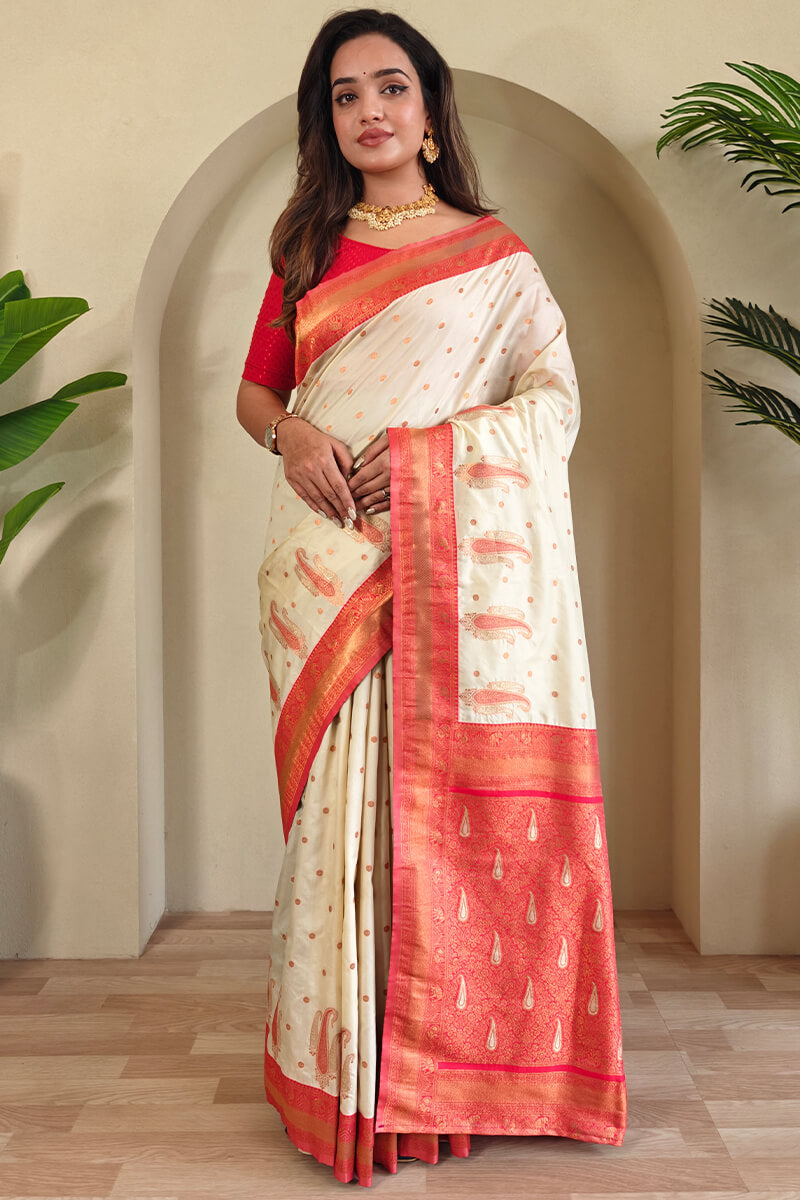 Excellent Beige Soft Banarasi Silk Saree With Demesne Blouse Piece