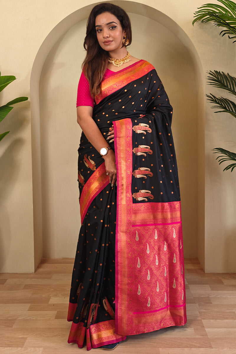 Evocative Black Soft Banarasi Silk Saree With Panoply Blouse Piece