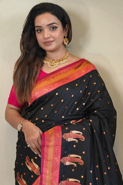 Evocative Black Soft Banarasi Silk Saree With Panoply Blouse Piece