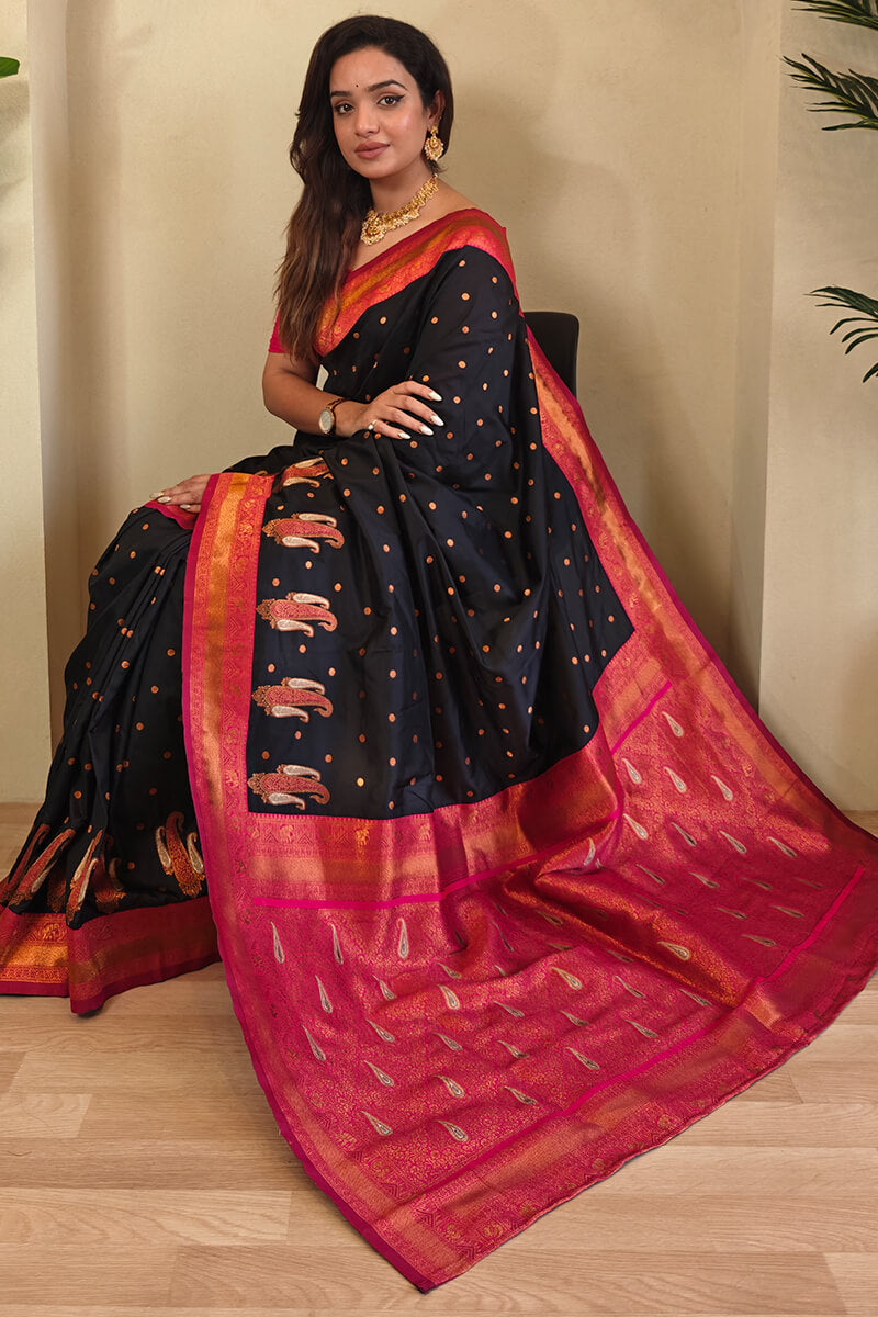 Evocative Black Soft Banarasi Silk Saree With Panoply Blouse Piece