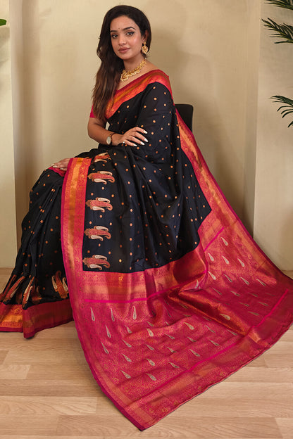 Evocative Black Soft Banarasi Silk Saree With Panoply Blouse Piece