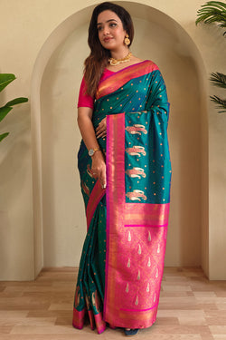 Pleasurable Rama Soft Banarasi Silk Saree With Transcendent Blouse Piece