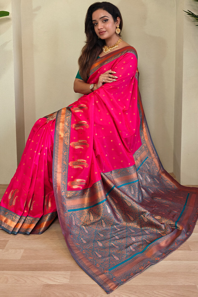 Enigmatic Dark Pink Soft Banarasi Silk Saree With Panache Blouse Piece